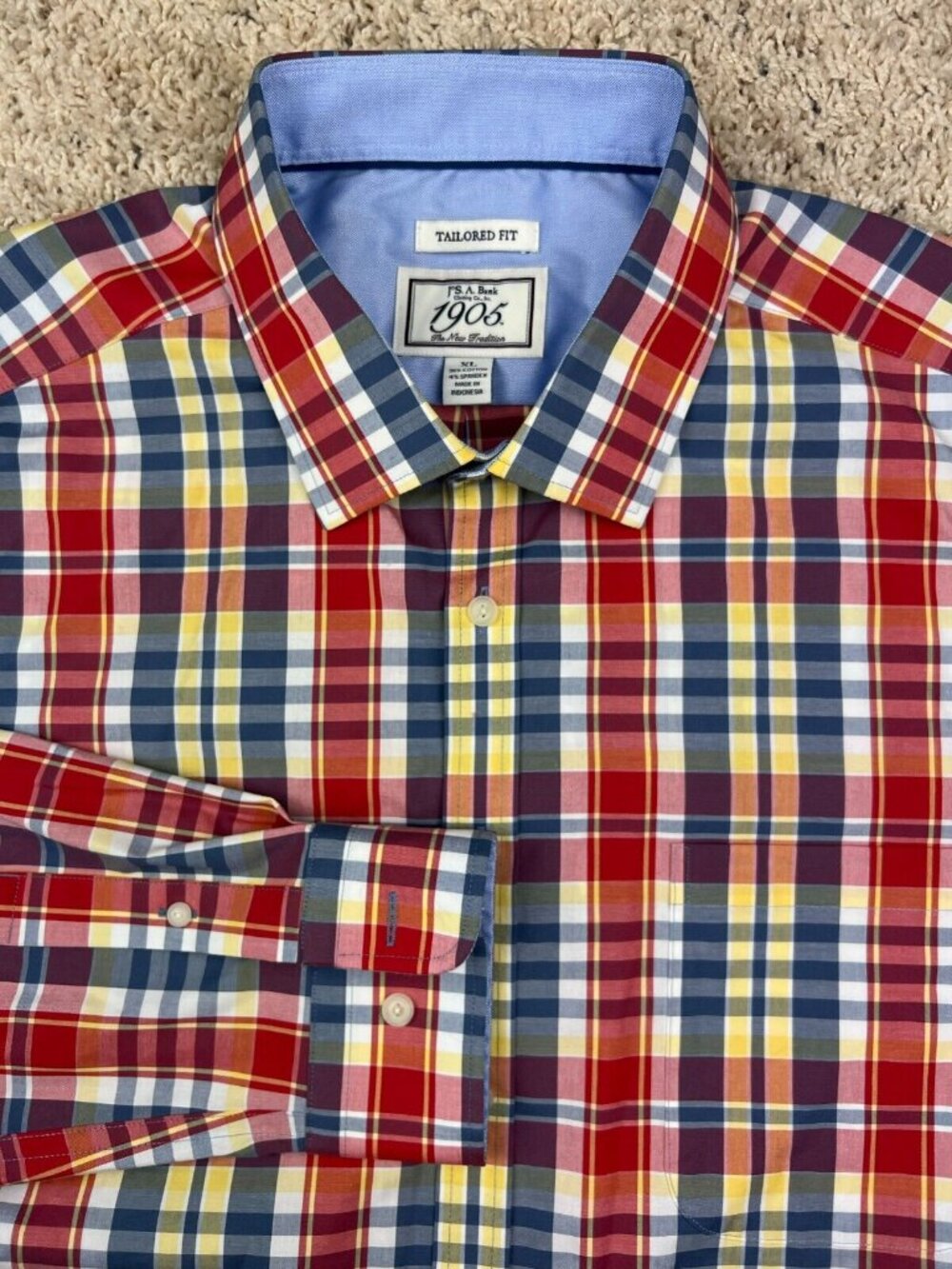 JOS. A. BANK Mens Shirt Size XL Tailored Fit Plaid Blue Red Yellow Button Up